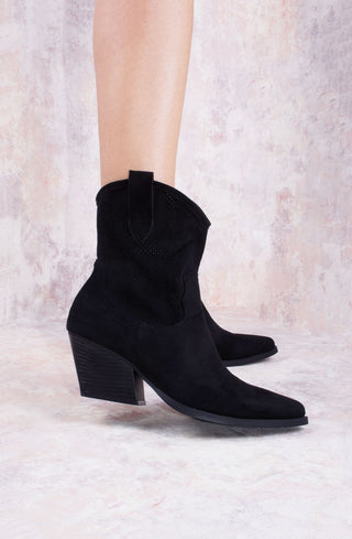 Black Classic Faux Suede Cut Out Heeled Cowboy Boot