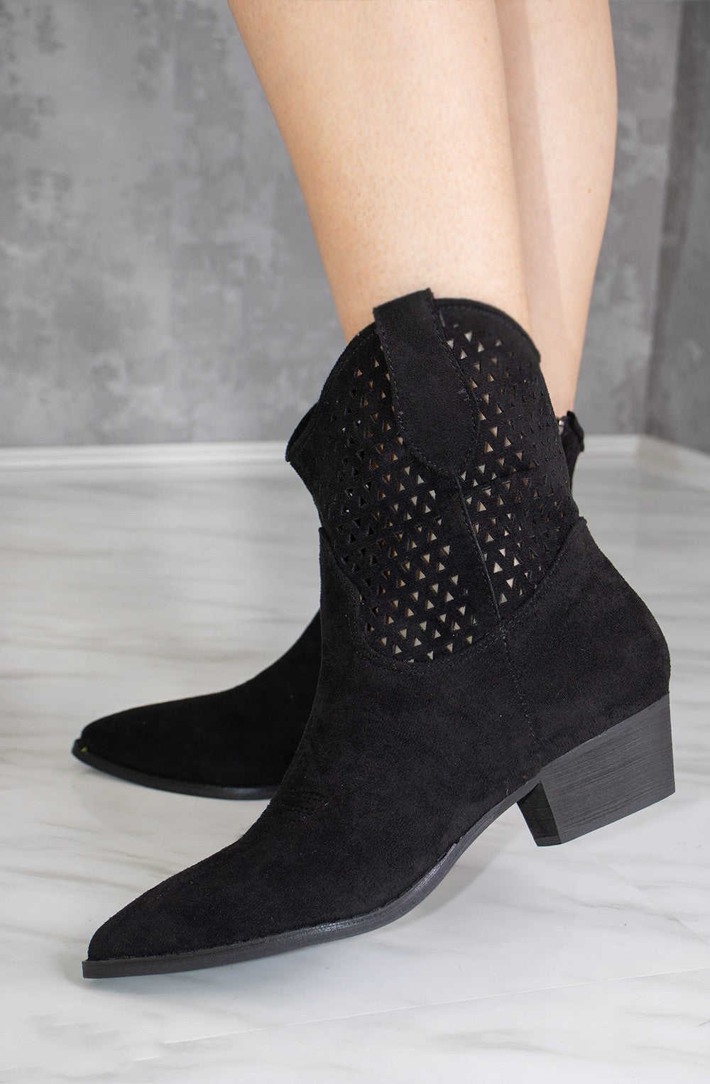 Black Cut Out Block Heel Short Cowboy Boot