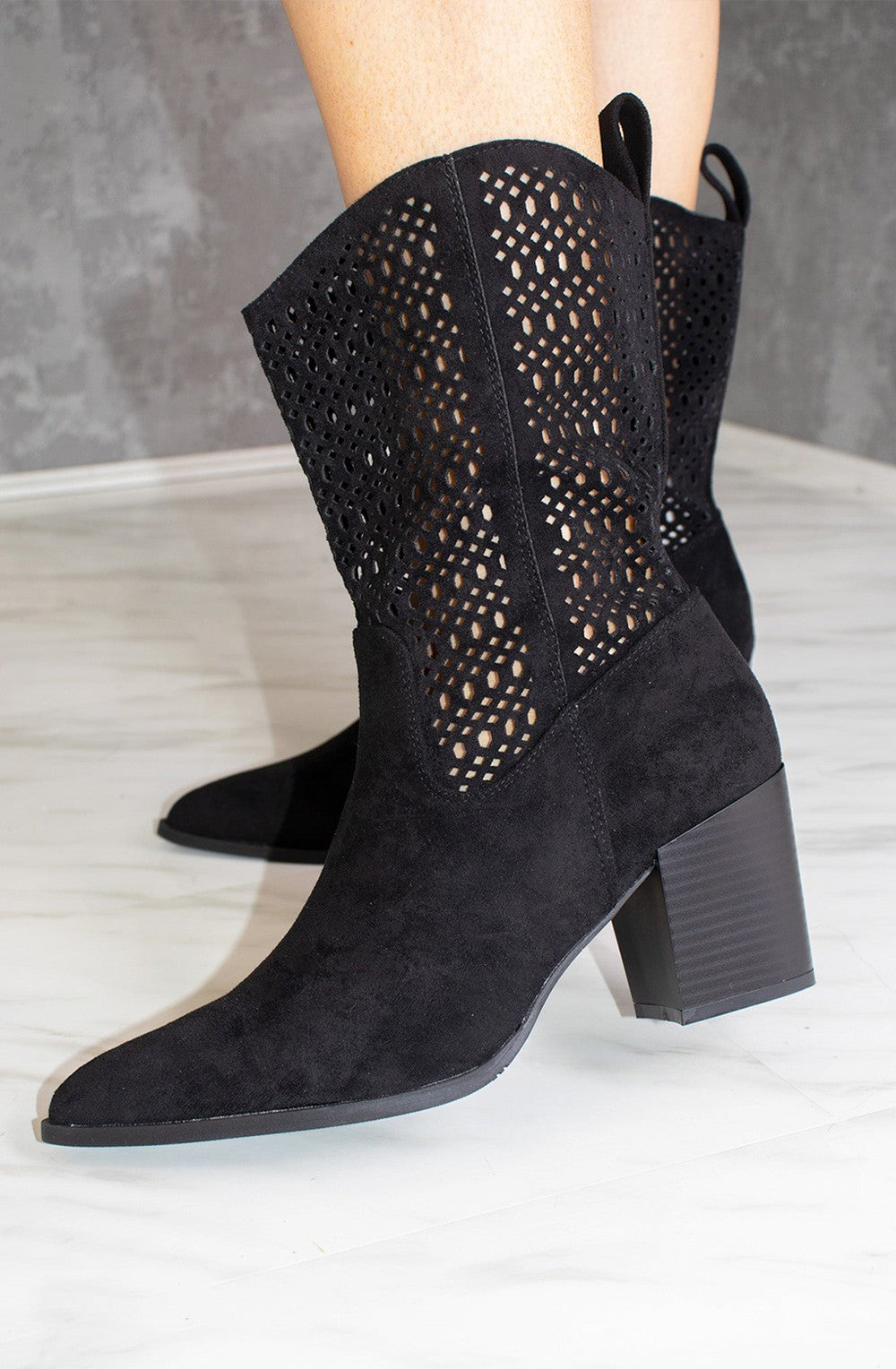 Black Cut Out Heeled Calf Cowboy Boot