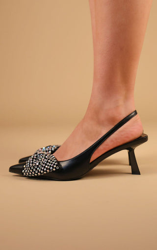 Black Diamante Bow Design Slingback Kitten Heel Court Shoe