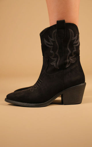 Black Embroidered Suede Cowboy Ankle Boots