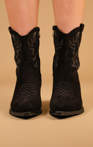 Black Embroidered Suede Cowboy Ankle Boots