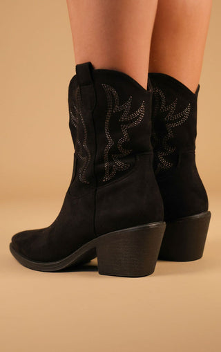 Black Embroidered Suede Cowboy Ankle Boots