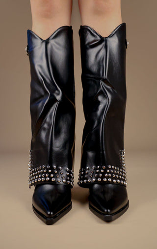 Black Faux Leather Buckle Knee High Studded Shark Boots