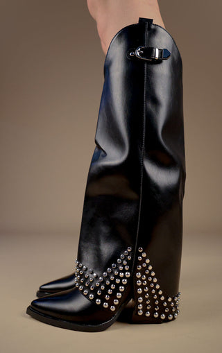 Black Faux Leather Buckle Knee High Studded Shark Boots