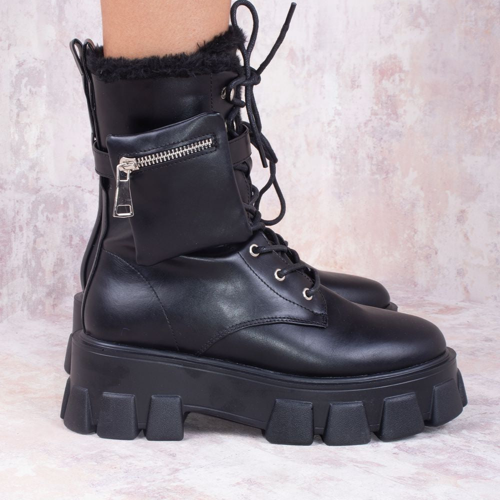 
                      
                        Black Faux Leather Buckle Lace Up Chunky Ankle Boots With Pocket Detailed
                      
                    