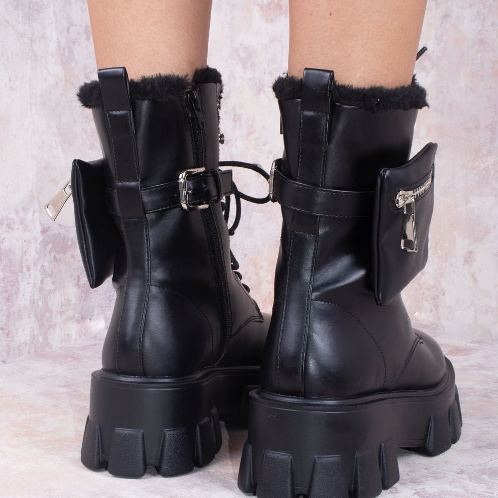 
                      
                        Black Faux Leather Buckle Lace Up Chunky Ankle Boots With Pocket Detailed
                      
                    