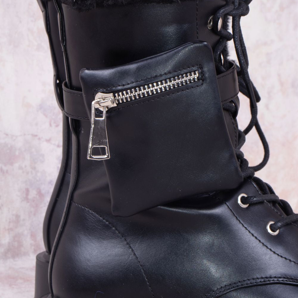 
                      
                        Black Faux Leather Buckle Lace Up Chunky Ankle Boots With Pocket Detailed
                      
                    