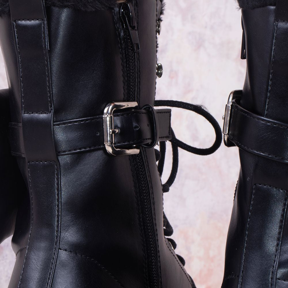 
                      
                        Black Faux Leather Buckle Lace Up Chunky Ankle Boots With Pocket Detailed
                      
                    