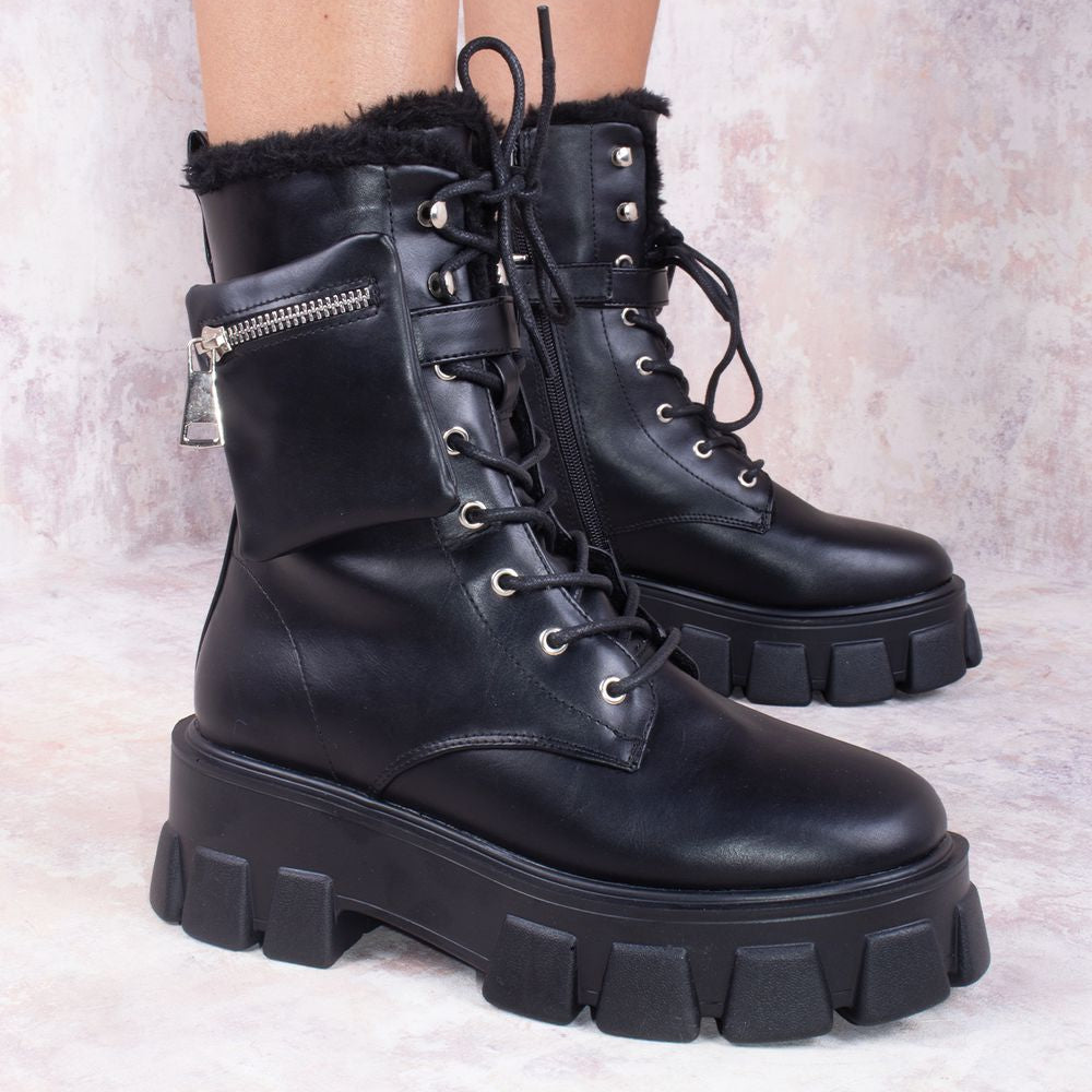 Black Faux Leather Buckle Lace Up Chunky Ankle Boots With Pocket Detailed