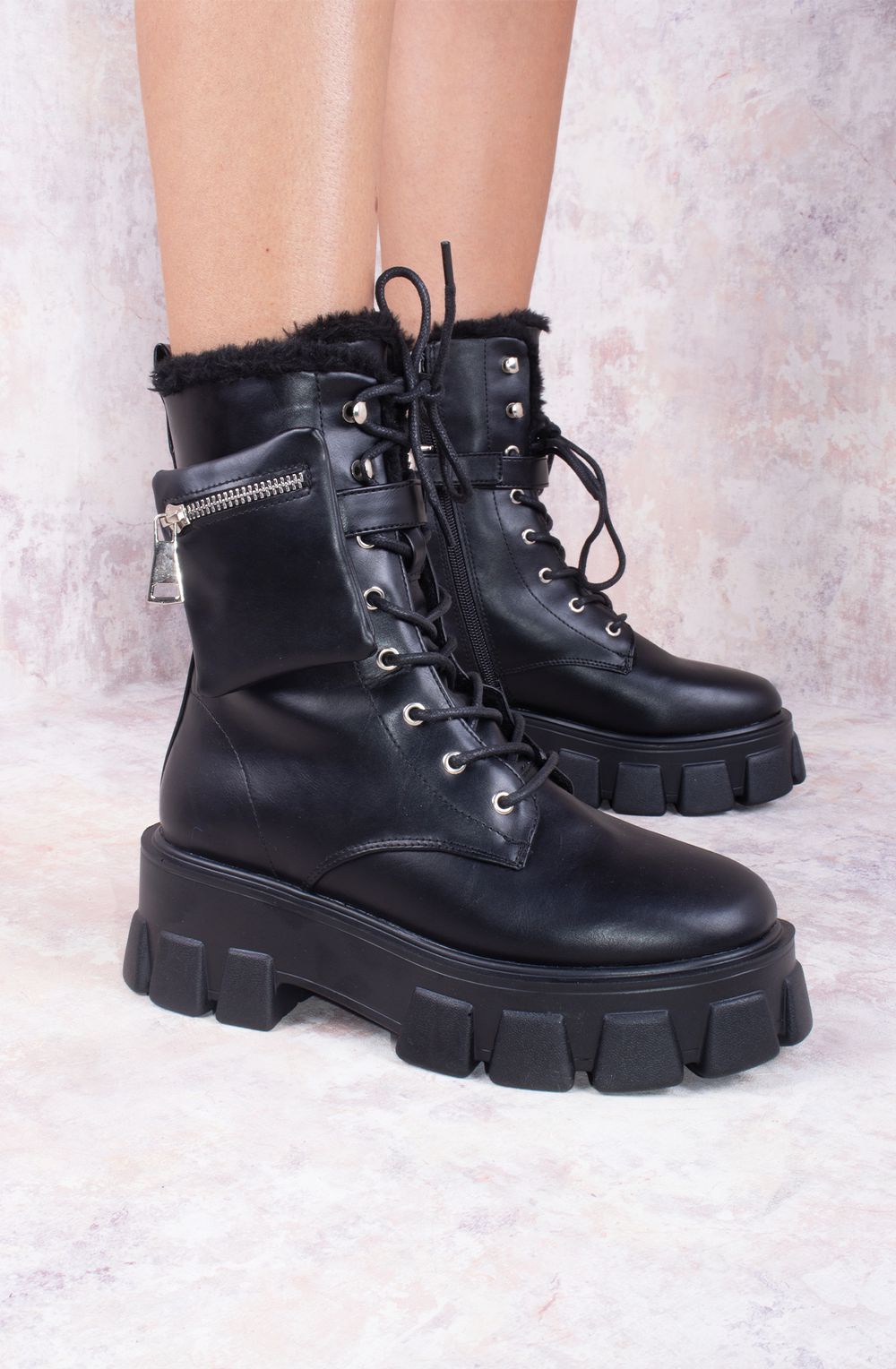 Black Faux Leather Buckle Lace Up Chunky Ankle Boots With Pocket Detailed