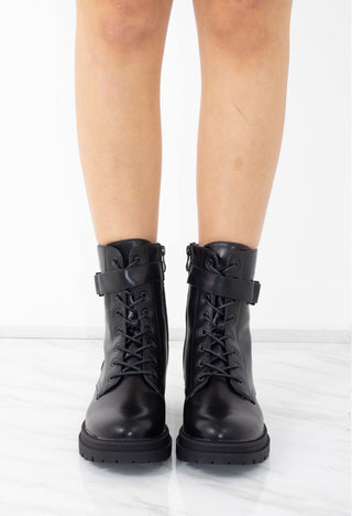 Black Faux Leather Lace Up Buckle Ankle Boots