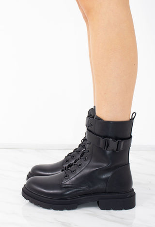 Black Faux Leather Lace Up Buckle Ankle Boots