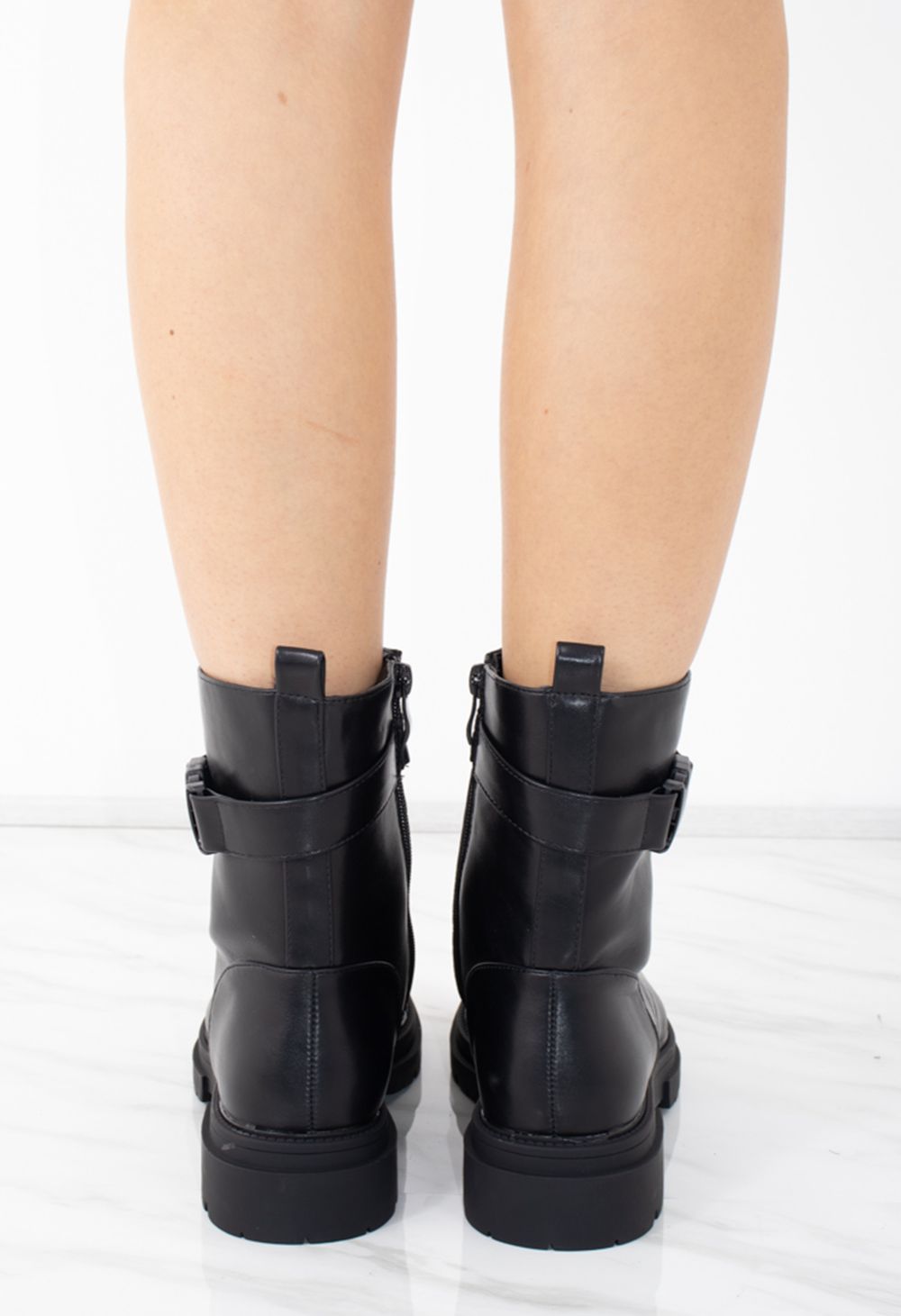 Womens Black Faux Leather Lace Up Buckle Ladies Ankle Boots Miss