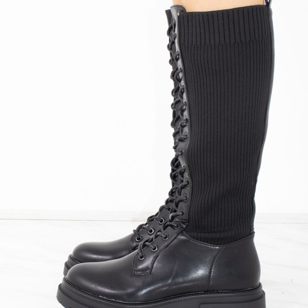 
                      
                        Black Faux Leather Lace up Sock Boots
                      
                    