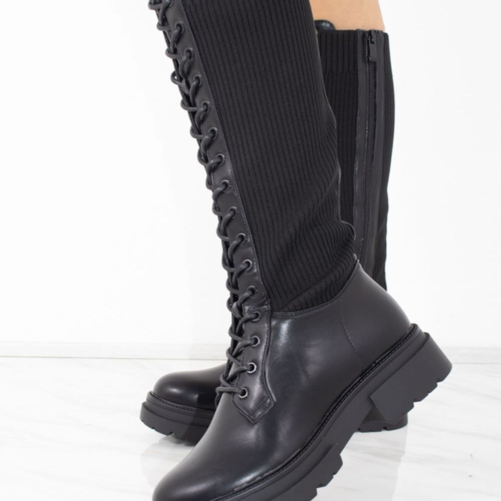 Black Faux Leather Lace up Sock Boots