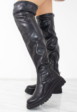 Black Faux Leather Over The Knee Platforms Boots