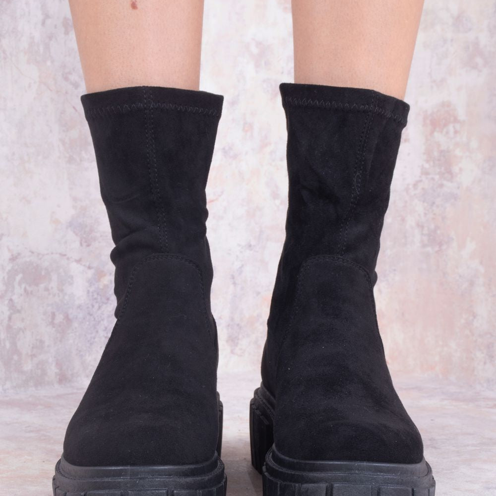 
                      
                        Black Faux Suede Ankle Sock Boot
                      
                    