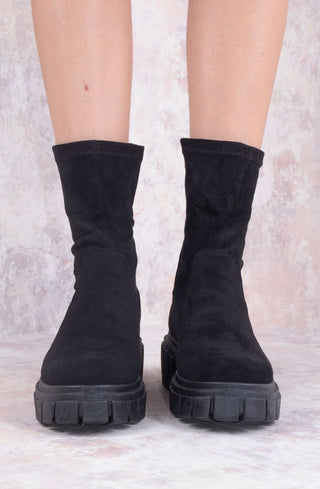 Black Faux Suede Ankle Sock Boot