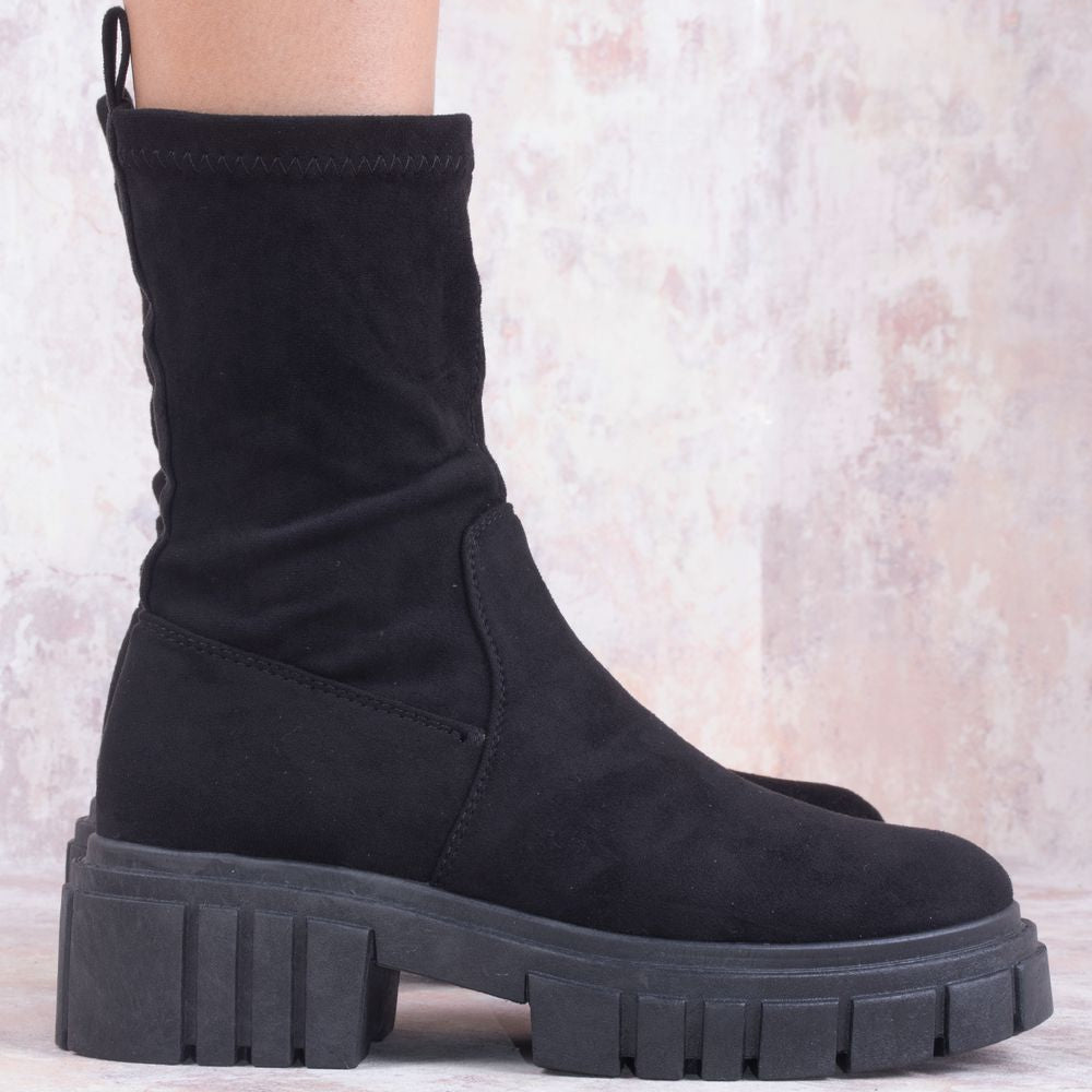 
                      
                        Black Faux Suede Ankle Sock Boot
                      
                    