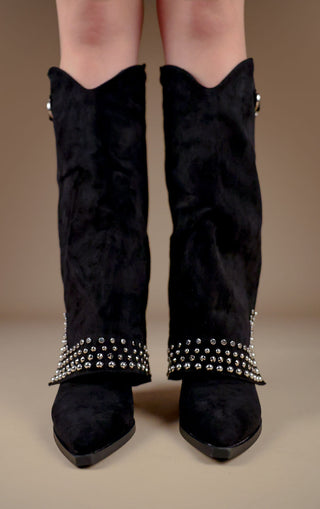 Black Faux Suede Buckle Knee High Studded Shark Boots