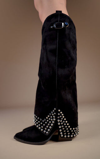 Black Faux Suede Buckle Knee High Studded Shark Boots