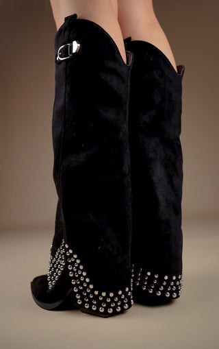 Black Faux Suede Buckle Knee High Studded Shark Boots