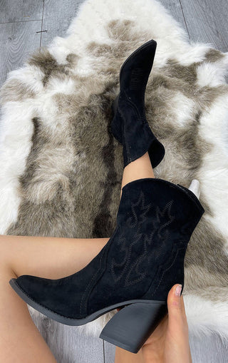 Black Faux Suede Embroidered Western Pointed Toe Cowboy Boots