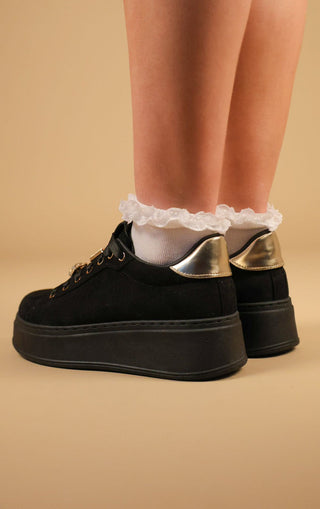 Black Faux Suede Flatform With Decorative Details Trainers