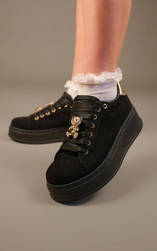 Black Faux Suede Flatform With Decorative Details Trainers