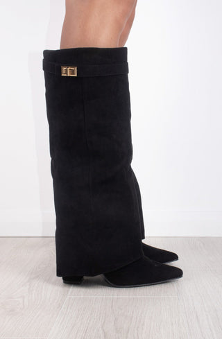 Black Faux Suede Fold Over Shark Classic Buckle Knee High Boot