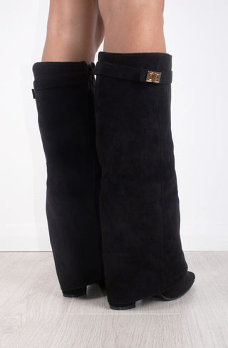 Black Faux Suede Fold Over Shark Classic Buckle Knee High Boot