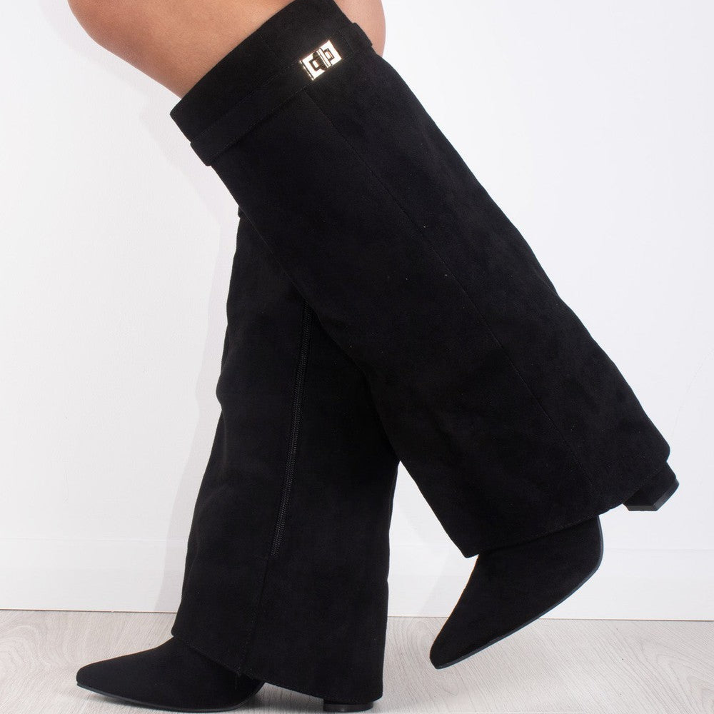 Women's Black Faux Suede Fold Over Shark Classic Buckle Knee High Boot ...