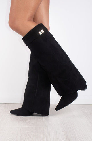 Black Faux Suede Fold Over Shark Classic Buckle Knee High Boot