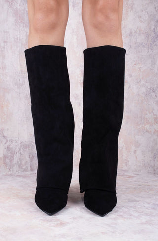 Black Faux Suede Fold Over Shark Classic Buckle Knee High Boot