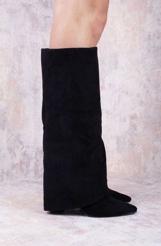 Black Faux Suede Fold Over Shark Classic Buckle Knee High Boot