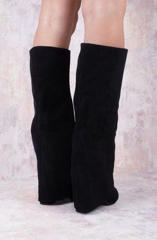 Black Faux Suede Fold Over Shark Classic Buckle Knee High Boot