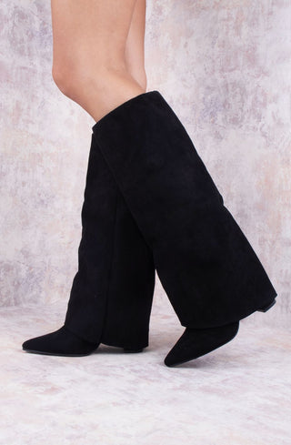 Black Faux Suede Fold Over Shark Classic Buckle Knee High Boot