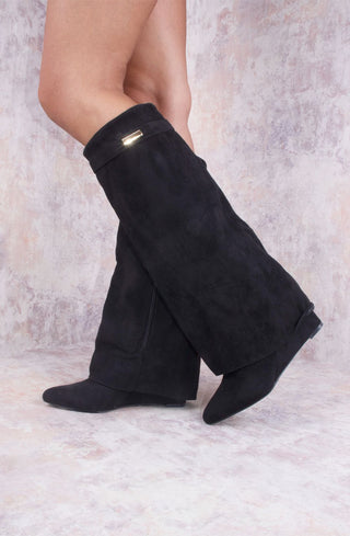 Black Faux Suede Fold Over Shark Classic Wedge Heel Buckle Knee High Boot