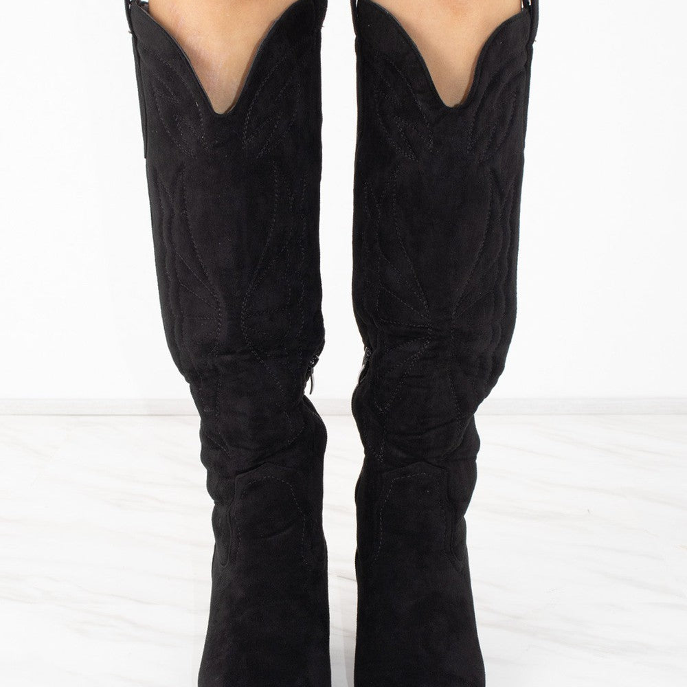 
                      
                        Black Faux Suede Knee High Block Heel Cowboy Boots
                      
                    