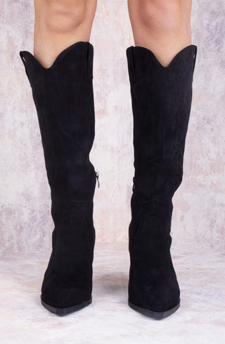 Black Faux Suede Knee High Block Heel Cowboy Boots