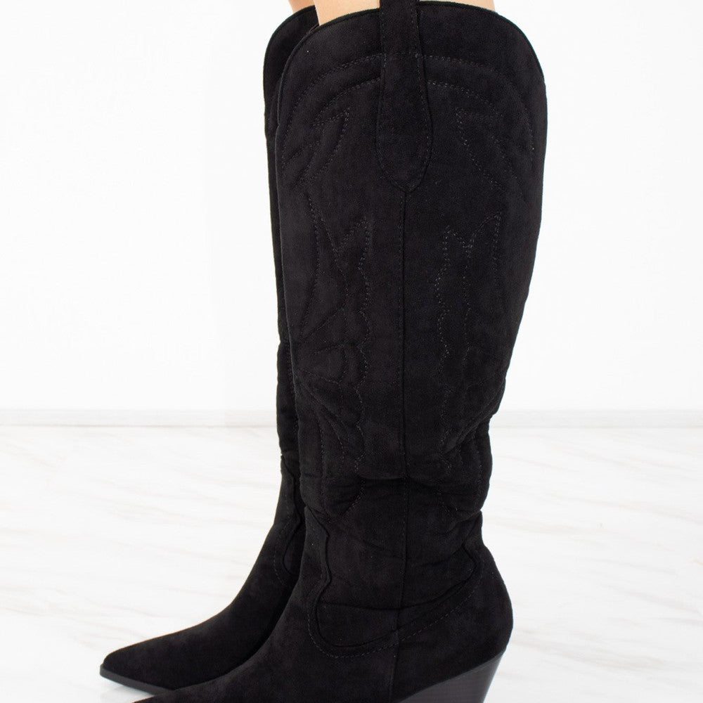 
                      
                        Black Faux Suede Knee High Block Heel Cowboy Boots
                      
                    