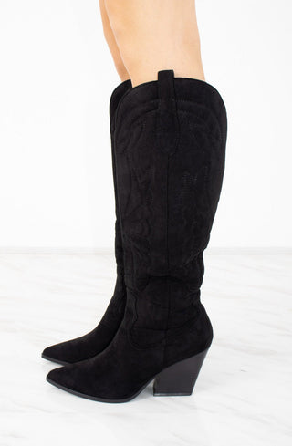 Black Faux Suede Knee High Block Heel Cowboy Boots