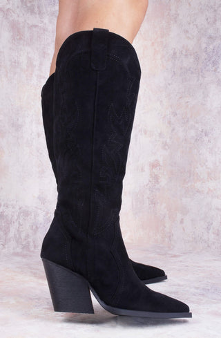 Black Faux Suede Knee High Block Heel Cowboy Boots