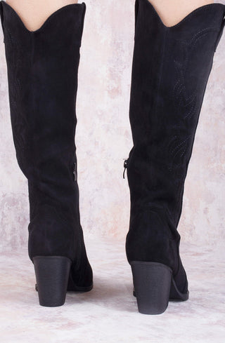 Black Faux Suede Knee High Block Heel Cowboy Boots