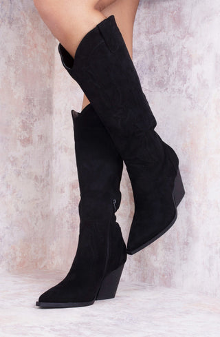 Black Faux Suede Knee High Block Heel Cowboy Boots