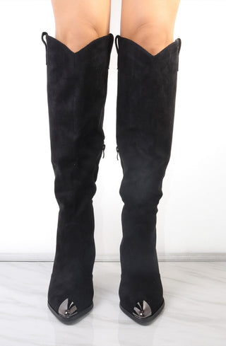 Black Faux Suede Knee High Toe Cap Cowboy Boot