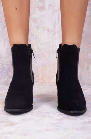 Black Faux Suede Patent Pu Heeled Ankle Boot