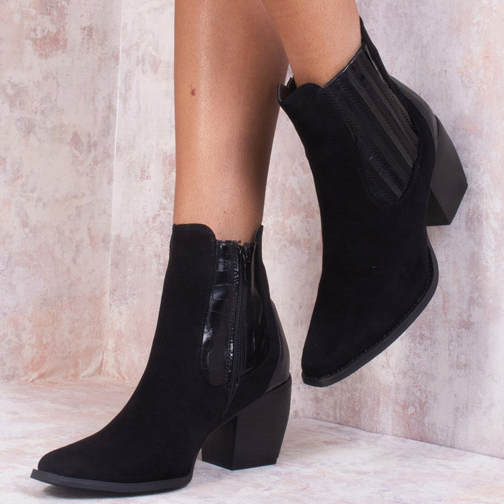 Black Faux Suede Patent Pu Heeled Ankle Boot