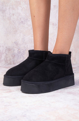 Black Faux Suede Ultra Mini Ankle Platform Boots